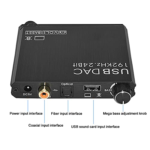 Digitális-Analóg Audio Átalakító, 32-192 KHz-es Koaxiális/Optikai-RCA/3.5 mm-es Jack DAC Átalakító, Bass Beállítás, Kompatibilis