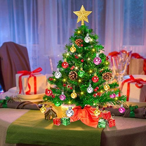 20 Asztali Mini karácsonyfa, Mesterséges Kis karácsonyfa Dísz, 50 LED String Fények,Csillag csúcsdíszt, Holly Bogyók, Dísztárgy, Fa
