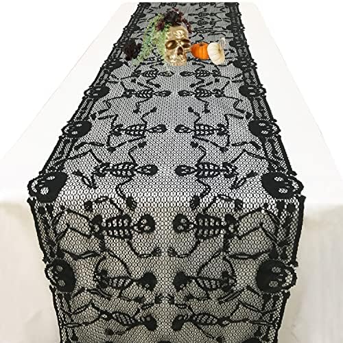 Halloween asztali Futó - Gótikus Fekete Csipke Koponya Csontváz asztali Futó Halloween Álarcosbál Ijesztő Film Éjszaka, 20