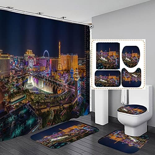 Jayden Madge 4DB/Készlet Las Vegas Szövet Zuhanyzó Függöny, Hűvös Modern Város Híres Épület óriáskerék Éjszakai Városi Táj Art Fürdőszoba