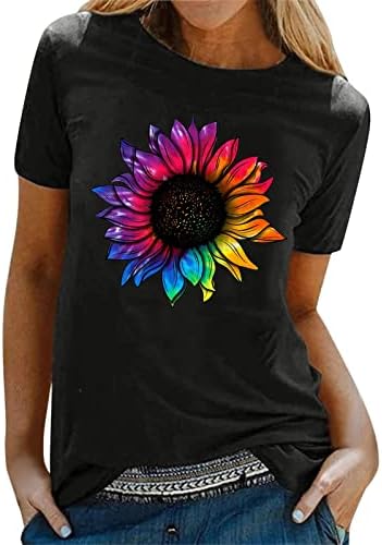 BEUU Női Alkalmi Napraforgó Nyomtatott Pólók Női Rövid Ujjú O Nyakú Tunika T-shirta Blúzok Tee Maximum Nyári Blúz