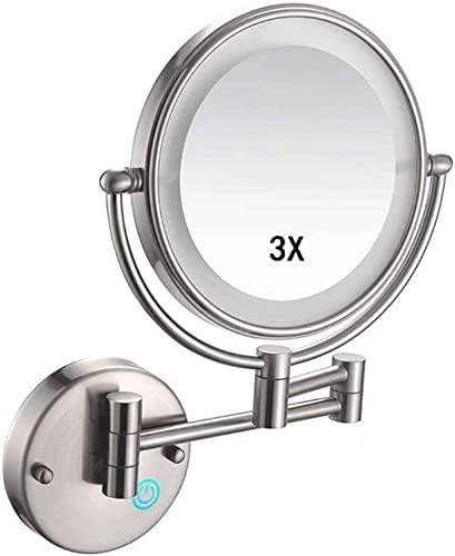 Smink Tükör, 3X Nagyítás, Tükör 8inch Körben töltsük Fel Tükör 360 Forgatás, Fürdőszoba Szálloda USB Újratölthető (Színe : Csiszolt Nikkel)