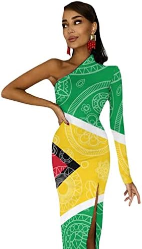 Guyana Paisley Zászló, Női Ruha Egy Váll Hosszú Ujjú Osztott Maxi Ruha Hinta Ruha