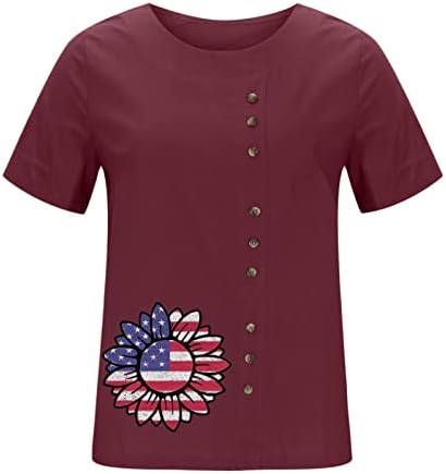 Női Pamut Ágynemű póló USA Zászló Napraforgó Maximum július 4-én Blúzok Függetlenség Napja Ing Aranyos Gomb Tunika Póló