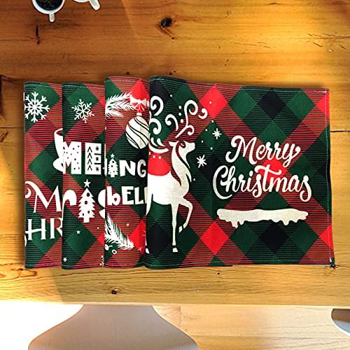 Készlet 4 Buffalo Kockás Karácsony Placemats Boldog Karácsonyt Mosható Téli Táblázat Szőnyeg a Karácsonyi Ünnepi Asztal Otthoni Dekoráció