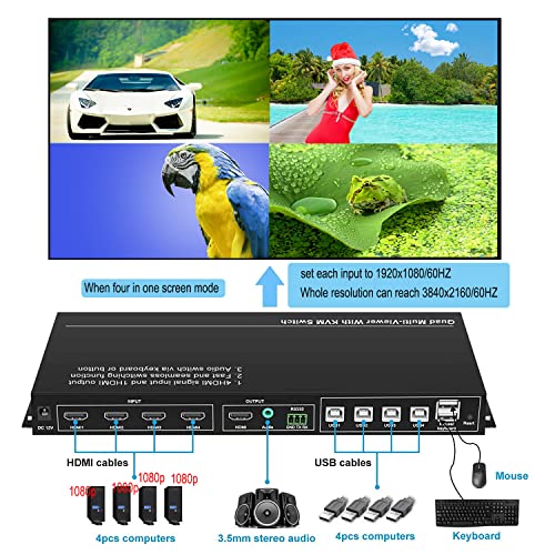 HDMI KVM Switch, 4K@60Hz 4 Port, HDMI Bemenet 1 Monitor Vedio Quad Processzor multi-néző, Audio Váltó Point-to-Point Vágás Funkció