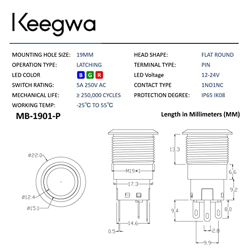 Keegwa (2 DB) 19mm Reteszelés Nyomógomb Kapcsoló Ezüst Rozsdamentes Acél Fém Gyűrű LED Vezeték Csatlakozó Dugó én-Zár 12V-24V 5A SPDT 1NO1NC
