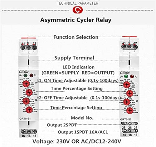 WOROLY GRT8-S Aszimmetrikus Ciklus Időzítő Relé SPDT 220V 16A AC/DC12V-240V Elektronikus Ismételje meg Relé (Méret : GRT8-S2 ACDC12V-240V)