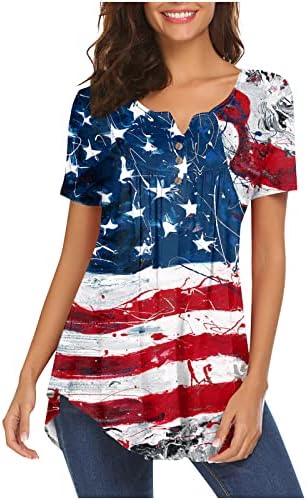 Női Felsők Nyári Plus Size Rövid Ujjú Henley Tunikák, Kényelmes Gomb T-Shirt Amerikai Zászló Csillag Csíkos Póló Nyomtatás