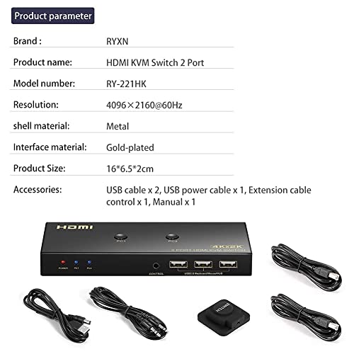 HDMI KVM Switch 2 Port 4K-60Hz, DisplayPort KVM Switch 2 Port 4K-60Hz, kiterjesztésű Vezérlő Kapcsoló, 2 USB Kábel
