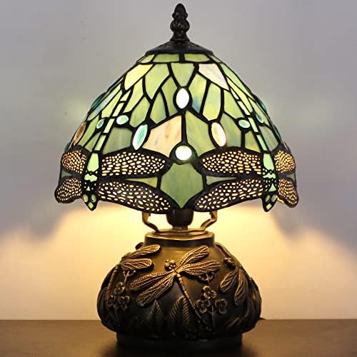 RHLAMPS Kis Tiffany Lámpa W8H11 Hüvelyk Tenger Kék ólomüveg Szitakötő Stílusú asztali Lámpa Bronz Gomba Típusú Lámpa Mini Akcentussal Lámpa