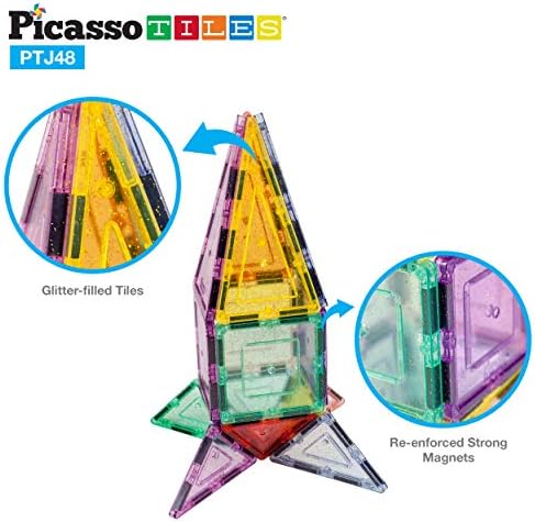 PicassoTiles Mágneses Építési építőkövei Csempe 48pc + 60pc, Fényvisszaverő Levél Pelyhek, Pasztell Színű, Tiszta Mágneses 3D-s