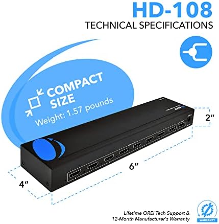 OREI 1080p 1x8 HDMI Splitter, - 1 Port 8 HDMI Display Másolat/Tükör - Powered Splitter Ver 1.3 Igazolt a Full HD 1080P a Nagy