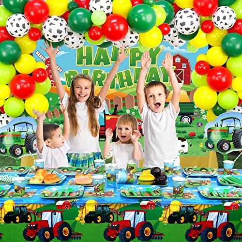 Traktor Party Kellékek Edények, tartalmaznak Mezőgazdasági Vontató Tányér, Szalvéta, Pohár, Hátteret, Léggömbök Traktor Születésnapi