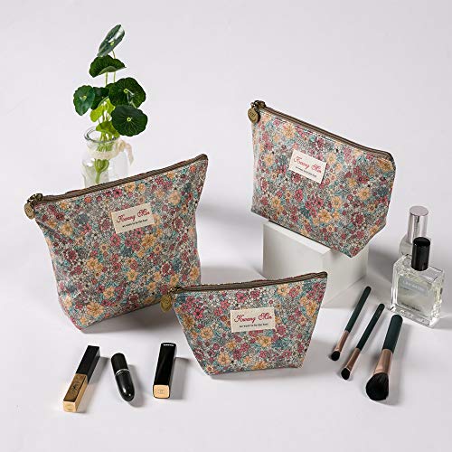 HOYOFO Kozmetikai Táskák Pack 3 Smink Táska Táska Utazáshoz Cipzár Tok a Nők Virágos Szervező Táska, Bézs Virág