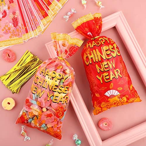 MIMIND 100 Db 2023 Kínai Új Év Celofán Kezelni Zsák, Piros Arany, Műanyag Candy Táskák, tasakok Csavar, a Kapcsolatok 2023 Kínai