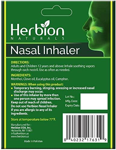 Herbion Naturals Orr-Inhalátor Nem-Gyógyszeres, Enyhíti orrdugulás & Elzáródás, 0.05 FL Oz (1,5 ml) (Csomag 6)