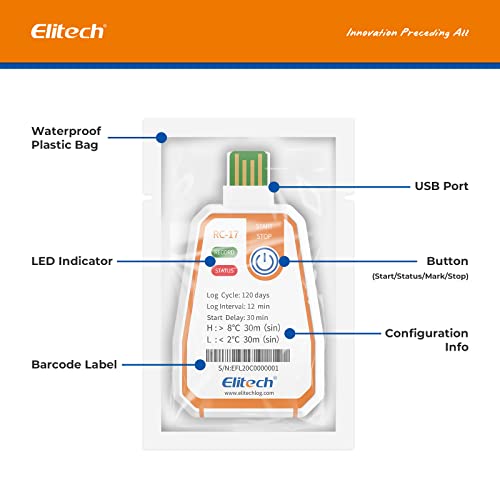 Elitech RC-17 Eldobható USB Hőmérséklet Data Logger PDF Jelentés Fény Jelző-100PACK