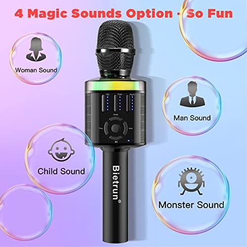 Bietrun Karaoke Mikrofon Felnőtt/Gyerek 4 Varázslatos Hangok＆Echo, PMPO 20W, Bluetooth Hordozható Fém Kézi Vezeték nélküli Dinamikus