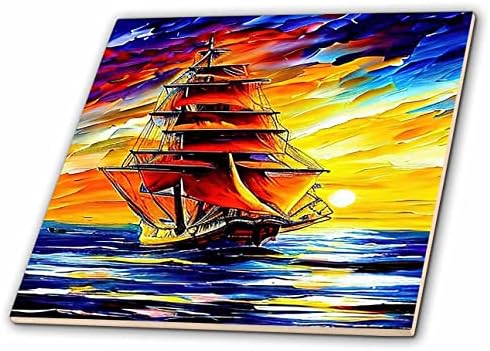 3dRose Magas hajó digitális művészet. Fantázia hajó, a drámai esti fényben vörös vitorla - Csempe (ct-375662-1)