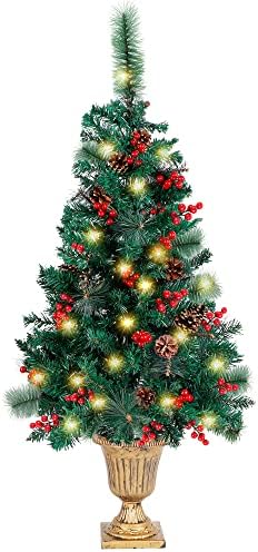 Juegoal 4 FT karácsonyfa, Előre Világít Crestwood Fenyő Bejárati Fa, 120 Led Tündér Fények, fenyőtoboz, Piros Bogyók Arany Urna Bázis