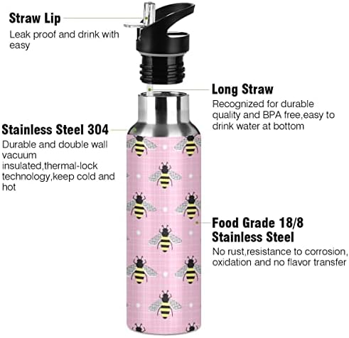Glaphy Aranyos Méhek Kockás Rózsaszín Üveg Vizet a Szalma Fedél, BPA-Mentes, 32 oz vizes Palackok Szigetelt Rozsdamentes Acél,
