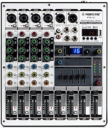 Professzionális DJ Keverő, Phenyx Profi hangmérnök w/USB-Audio Interfész, 4-Csatornás hangkártya Audio Mixer w/Sztereó Equalizer, 16 DSP