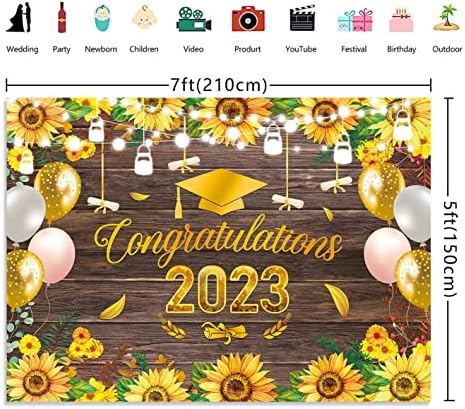 BINQOO 7x5ft Congrats Grad Fa Napraforgó Hátteret Osztály 2023 Arany Virágok Érettségi Fotózás Hátteret, a Nők Lány Gratulálok Báli Dekoráció
