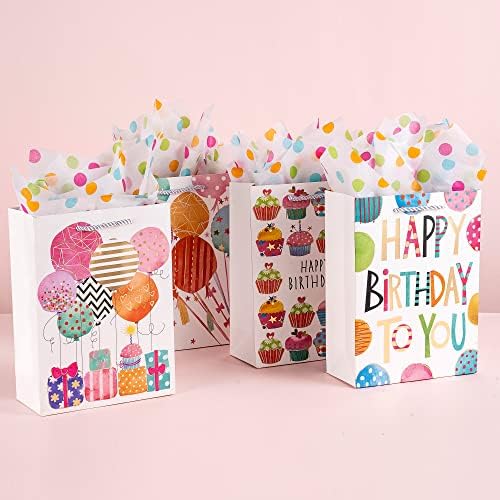 OfficeCastle 4 Csomag Nagy Születésnapi Ajándék Táskák, selyempapír (Szivárvány Pöttyös)