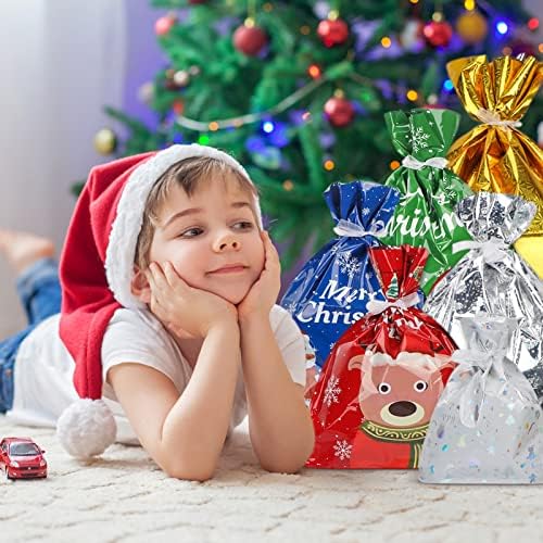 CiCiKiea Karácsonyi Ajándék Zsinórral Táskák, [6 DB] Karácsonyi Ajándék Csomagolás Zsák, 6 Méretben Stílusok Karácsonyi String