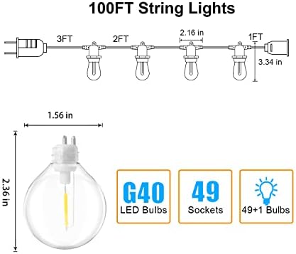 FMART LED G40 Szabadtéri String Fények 100FT Kerti lámpa 50 LED Törhetetlen Izzók(1 Tartalék), Időjárásálló Kereskedelmi Lóg Fény a Kertben