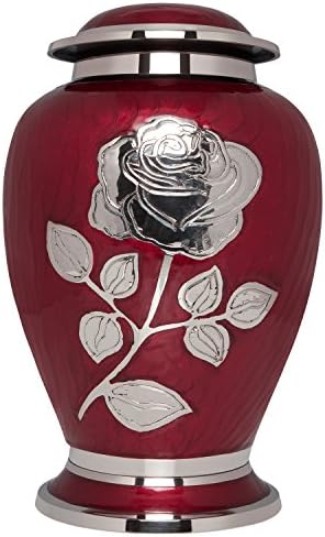 Ezüst Rózsa Hamvasztás Urna - Urnával együtt Nagy Virág Piros Zománc - Temetkezési Urna az Emberi Hamvakat Felnőtt Méret -