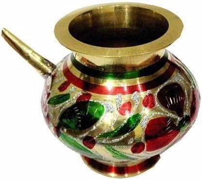 Indiai Réz Karwa Chauth Pooja ak-val/Lota Dekoratív Design Kerek Heavy Brass Karwa Chauth Arany, Vörös Pack 1 az Indiai Gyűjthető