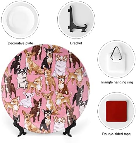 Rózsaszín Csivavákat Nyomtatott Kínai porcelán Díszítő Tányér Kerek Tányér Kézműves Display Állvány Home Office Fal Vacsora