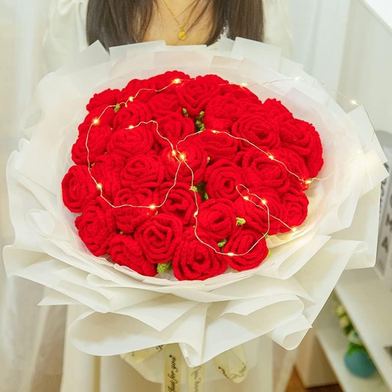 UXZDX CUJUX Kézzel Kötött Szimuláció 36 Vörös Rózsa Csokrot Kötött Fonal Virág Halhatatlan Virág DIY Ajándék (Szín : Egy, Méret : Kész)