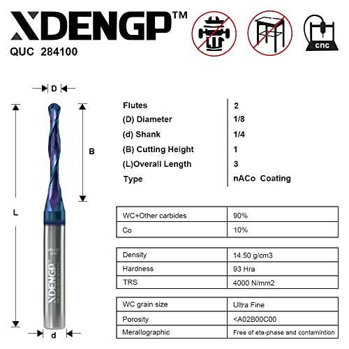 XDENGP Fel Vágott Labdát Orr Router Kicsit CNC, 1/8 inch Vágási Átmérője 1 inch Vágási Hossz 1/4 coll Szár NACO Bevonatos Keményfém