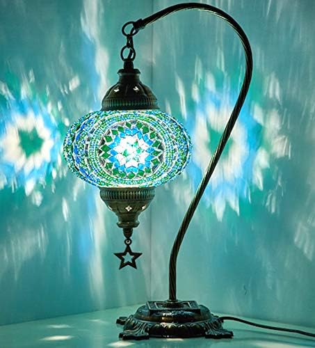 DEMMEX török Marokkói Kézzel készített Színes Mozaik Hattyúnyak Asztal, Éjjeli Lámpa, Lámpabúra, Antik Sárgaréz Test (Multicolor2)