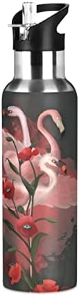 Glaphy Flamingo Poppy Virág Üveg Vizet, 32 oz Víz Üveg Szalma Fedél Hőszigetelt, Rozsdamentes Acél, Sport, Séta, Futás, Utazás