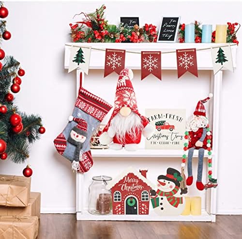 Karácsonyi Dekoráció - 10 DB Karácsony Többszintű Tálca Decor - 3 Karácsonyi Fa Jelek, & Aranyos Plüss Gnome & Fa Gyöngyök Garland