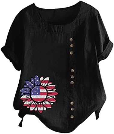 Női Pamut Ágynemű póló USA Zászló Napraforgó Maximum július 4-én Blúzok Függetlenség Napja Ing Aranyos Gomb Tunika Póló