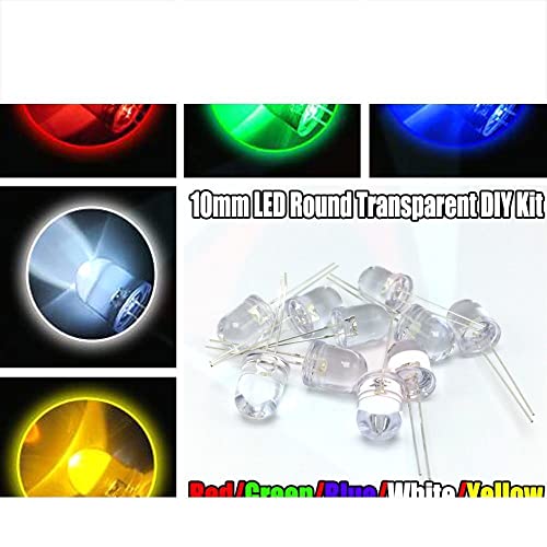 50pcs (5 Színben x 10db) 10mm Piros Kék Fehér Sárga Zöld LED Kerek Átlátszó Ultra Fényes Lámpa Gyöngy Plug-in DIY Készlet, Vegyes