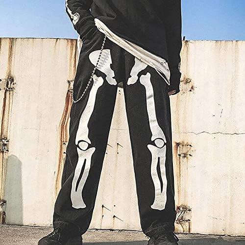 OMBMUT Halloween Csontváz, Koponya Csont Nyomtatott Jeans Női Y2K Közepe Derék Cipzár Széles Láb Egyenes Farmer Nadrág Streetwear
