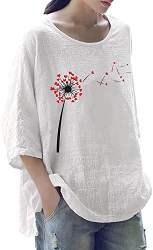 Női Vászon Ing, Régi Minta Nyomtatás Sleeve 3/4-Es Ujjú, Kényelmes Vászon Pólók Tshirt a Nők Laza Fit