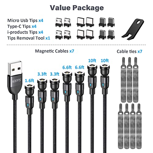 Aripps Mágneses Töltés Kábel[7-Pack, az 1,6 ft/3.3 ft/3.3 ft/6.6 ft/6.6 ft/10ft/10ft], 540° - os Elforgatás a Mágneses Telefon Töltő,