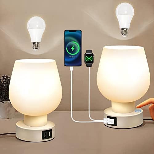 Pwbarwq Touch Lámpa Készlet 2 Hálószoba - Éjjeli Lámpa, 2 USB Töltő Port, 3 Módon Szabályozható Éjjeliszekrény Lámpa, Fehér Opál Üveg lámpabúra,