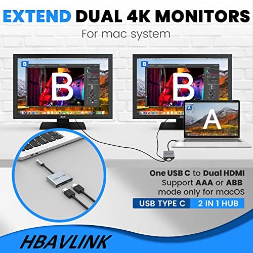 USB-C-HDMI Adaptert, 4K 60Hz, HBAVLINK Dual Monitor HDMI Splitter Bővített Kijelző, USB-C-két HDMI Adapter Laptop, USBC MST