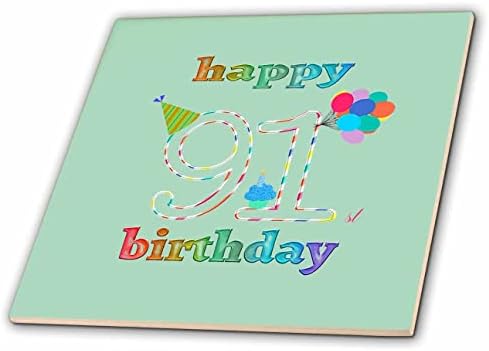 3dRose Boldog 91 Születésnapot, Süti a Gyertyát, Lufi, Kalap, Színes - Csempe (ct_351660_1)